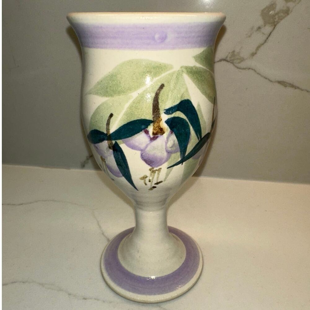 Handcrafted Studio Art Pottery Goblet Hand-Painted Hibiscus Flowers Lavender